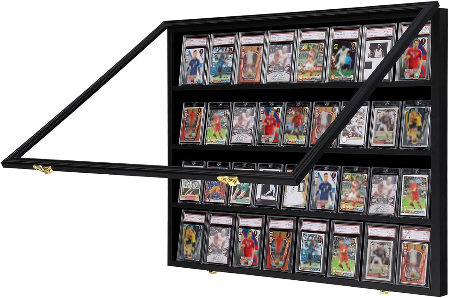 VERANI 36 Baseball Card Display Case - Graded Sports Card Display Frame - Holds Sport Cards with UV Protection Clear View Lockable Wall Cabinet for Football Basketball Hockey Trading Card Large Black