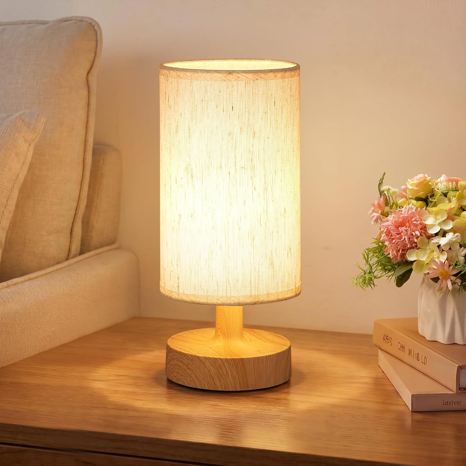 Cordless Table Lamp Rechargeable Small - 1 Pack Beige Wood, 4000Mah Battery Operated Lamp with Touch Control Stepless Dimming, Wireless Lamp for Bedside, Nightstand, Bedroom, Living Room