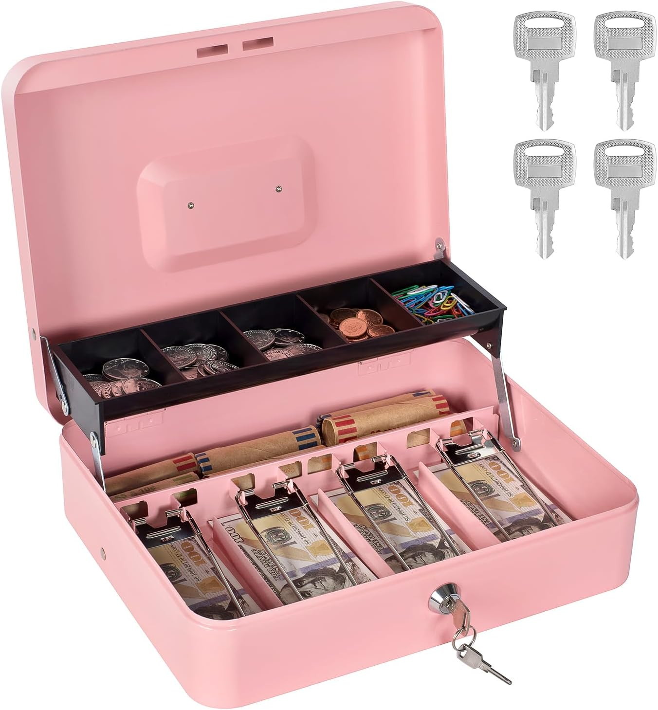 Cash Box with Money Tray and Lock, Metal Money Box for Cash Register, Large Cash Lock Box for Money Safe Includes 5 Slots Coin Tray, 4 Bill Slots, 4 Keys, 11.8