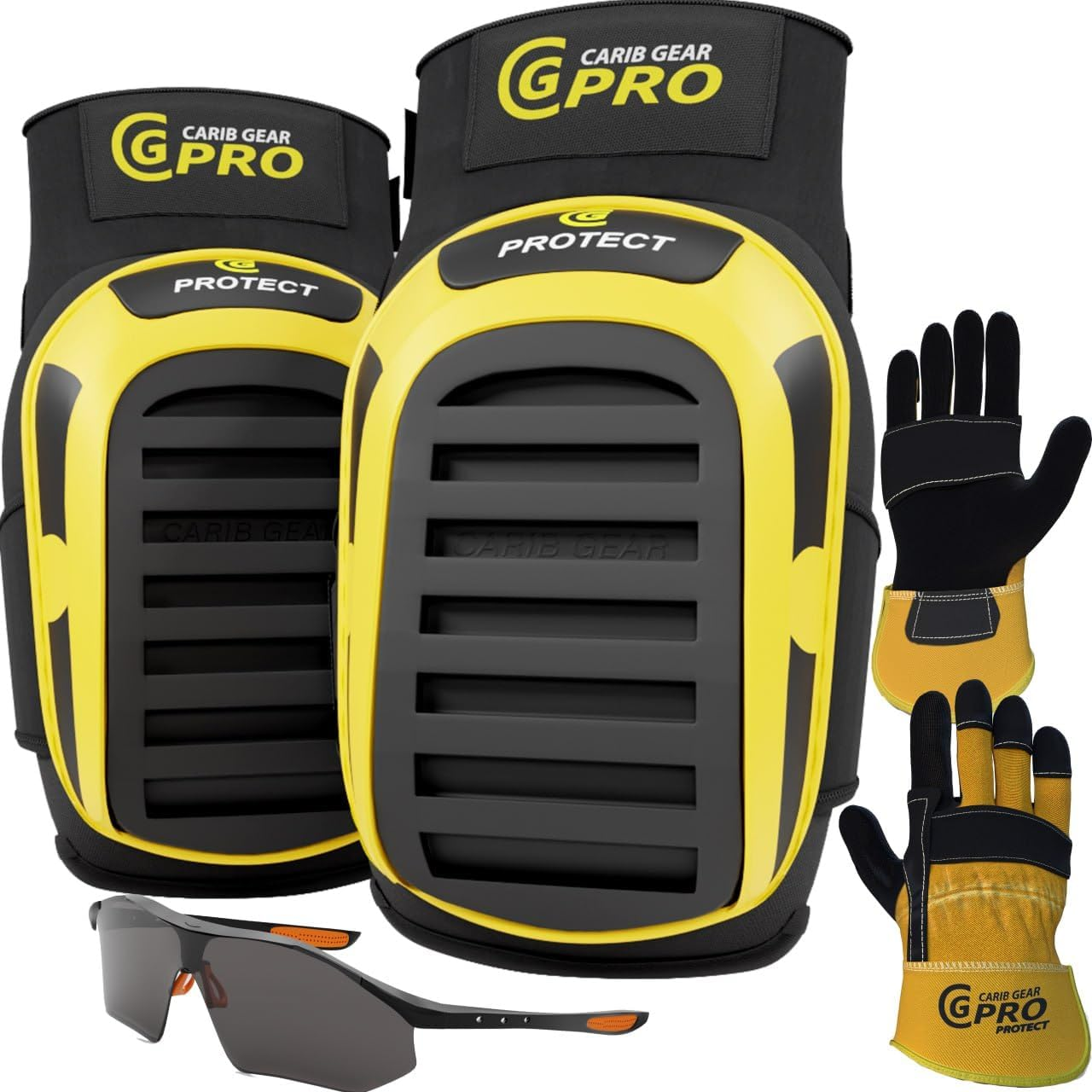 USA Work Knee Pads for Men and Women Heavy Duty Double Gel Construction Knee Pads with anti Slip Straps for Flooring Tiling Gardening Includes Leather Gloves and Safety Glasses