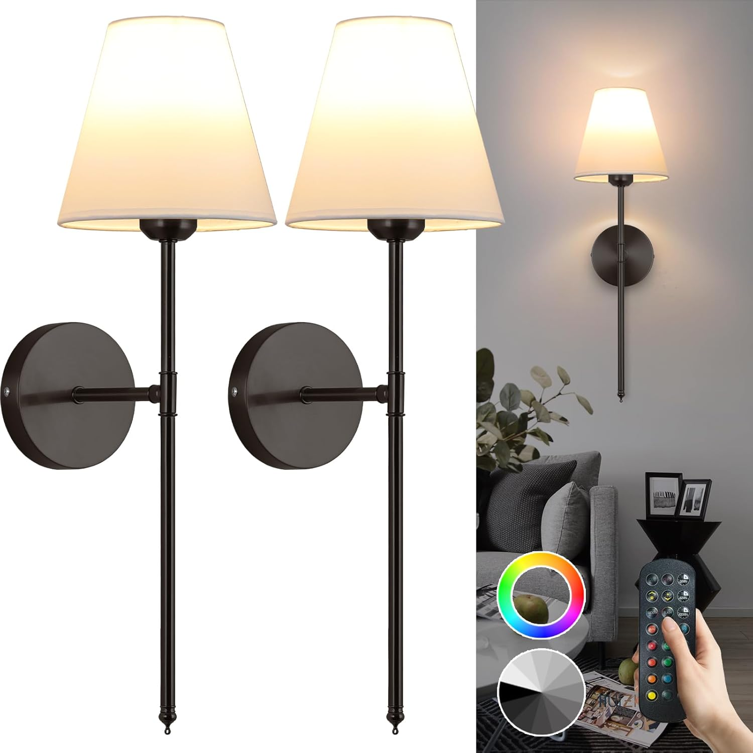 Battery Operated Wall Sconce Set of 2,15 Colors Wireless Wall Light with Dimmable Remote Control Last 18-50 Hours,Black Rechargeable Wall Lamp with White Fabric Shade for Living Room Bedroom Hallway