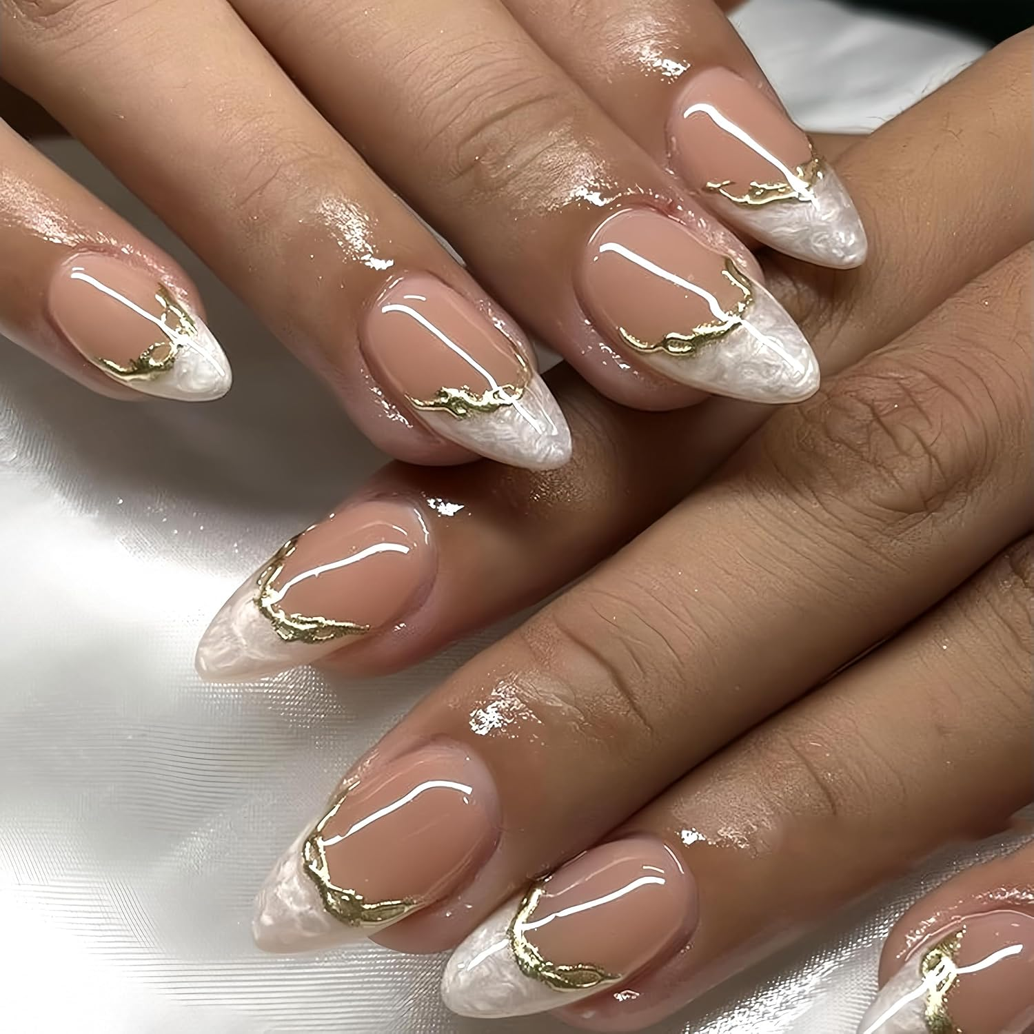 French Short Press on Nails Almond, Nude Fake Nails with Cloudy White French Tip and 3D Gold Line Design, Glossy Gel Finish Acrylic Nails, Natural Reusable Glue on Nails Kit for Women, Gilded Cloud