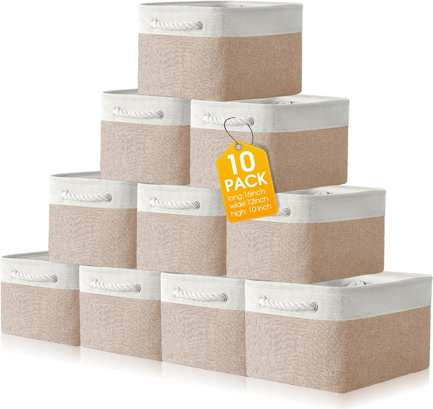 10 Pack Large Collapsible Fabric Storage Baskets with Handles Decorative Storage Bins for Organizing Shelves Toys Clothes(White & Beige,16 X 12 X 10 Inches)