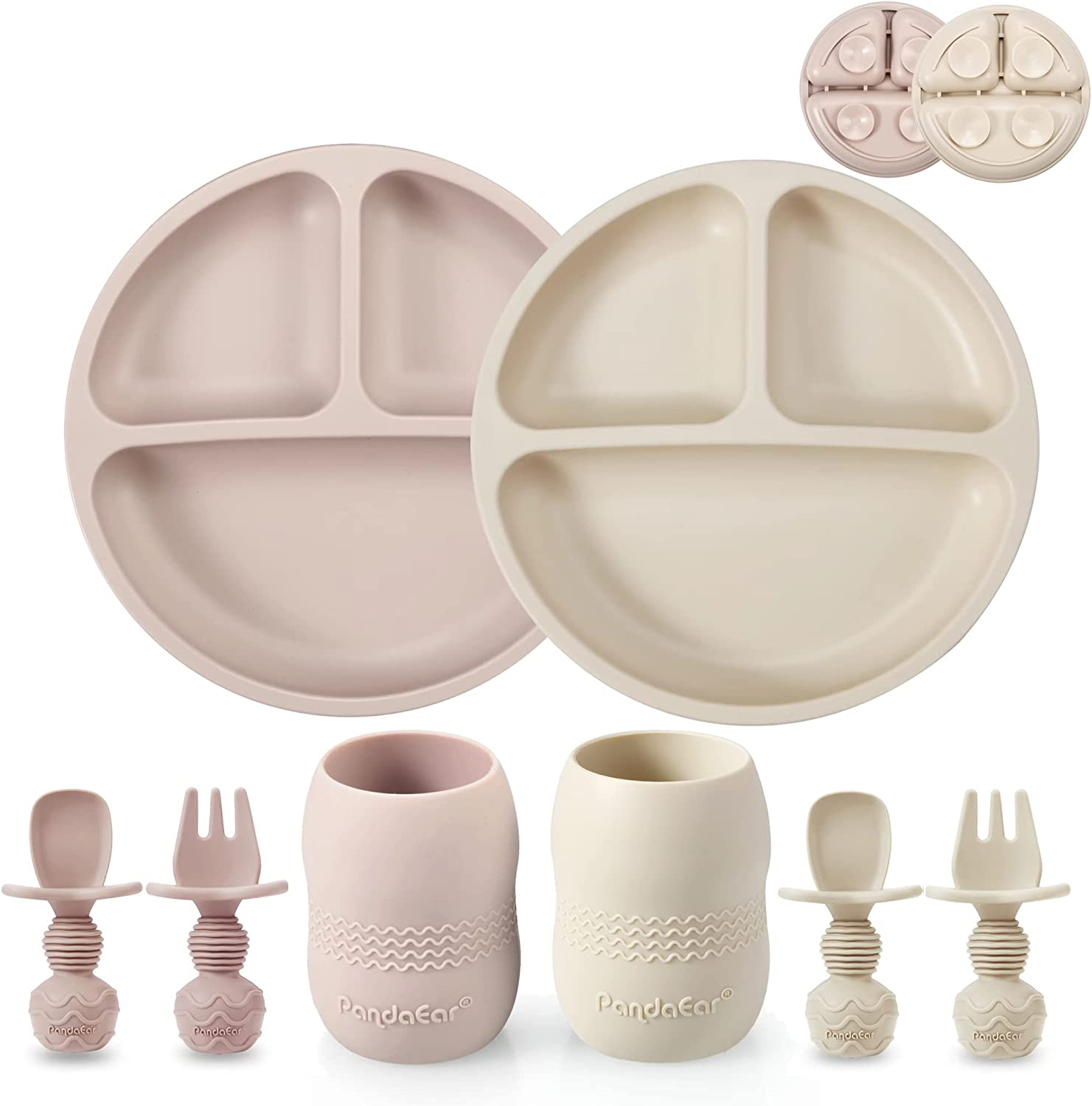 Silicone Baby Feeding Set, 2 Pack - Divided Suction Plate, 2 Tiny Cup with Spoons, BPA Free, Light Tan/Pink