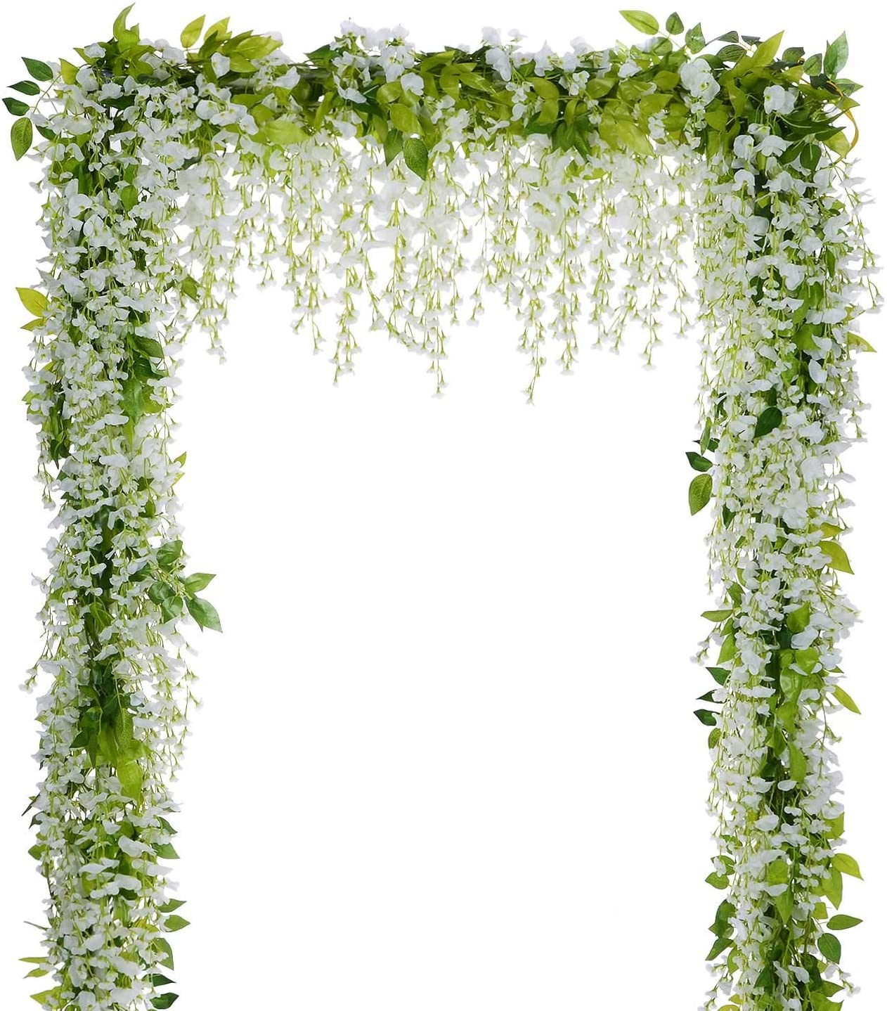 Wisteria Artificial Flowers Garland, 4Pcs Total 28.8Ft White Artificial Wisteria Vine Silk Hanging Flower for Home Garden Outdoor Ceremony Wedding Arch Floral Decor