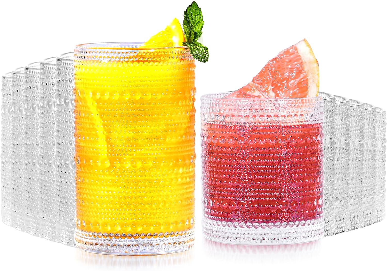 Vintage Hobnail Drinking Glasses Set of 12-14 Oz Old Fashioned Water Glass Cups & 11 Oz Cocktail Glasses, Aesthetic Kitchen Bar Tumbler Glassware Gifts Sets for Smoothie, Juice, Coffee, Wine