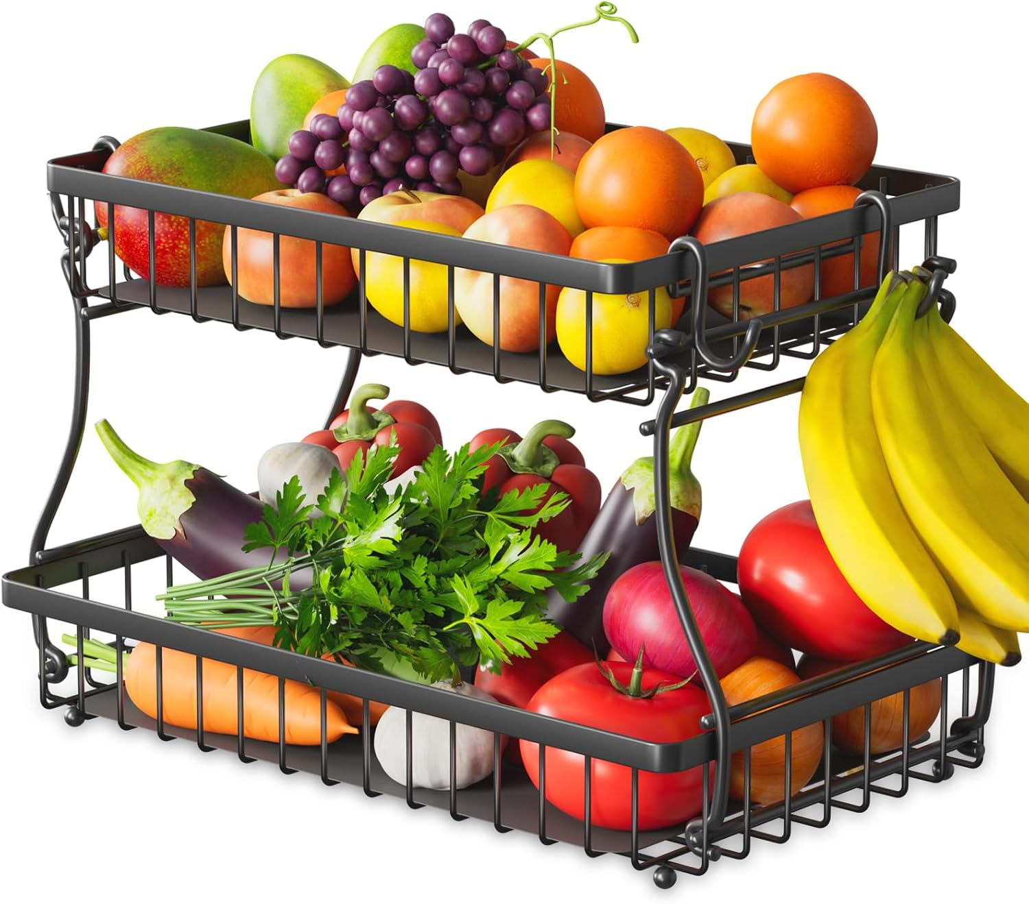 2-Tier Fruit Basket with Banana Hangers - Large Capacity Kitchen Organizer