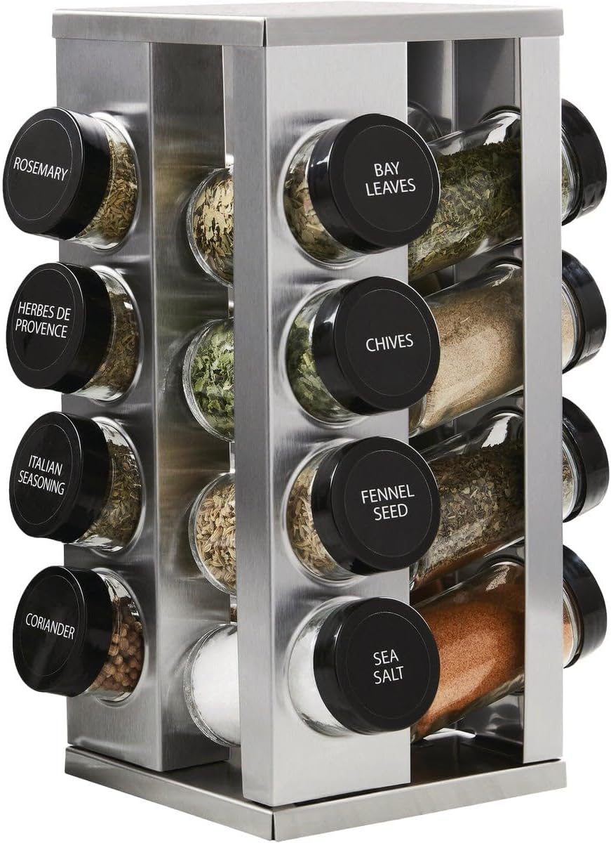Kamenstein 16 Jar Heritage Revolving Countertop Spice Rack Organizer with Spices Included, FREE Spice Refills for 5 Years, Brushed Stainless Steel with Black Caps | Revolving, Organizer, with Spices Included, with Black Caps