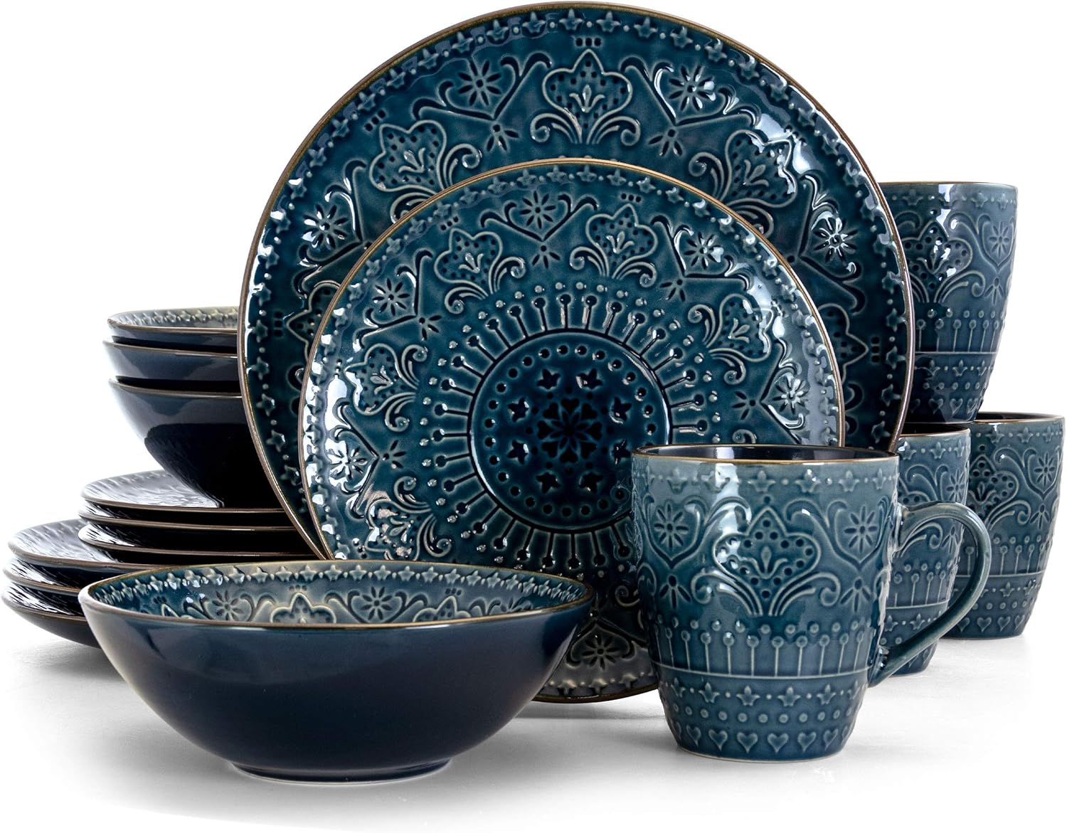 round Stoneware Embossed Dinnerware Dish Set, 16 Piece, Sea Blue with Brown Trim