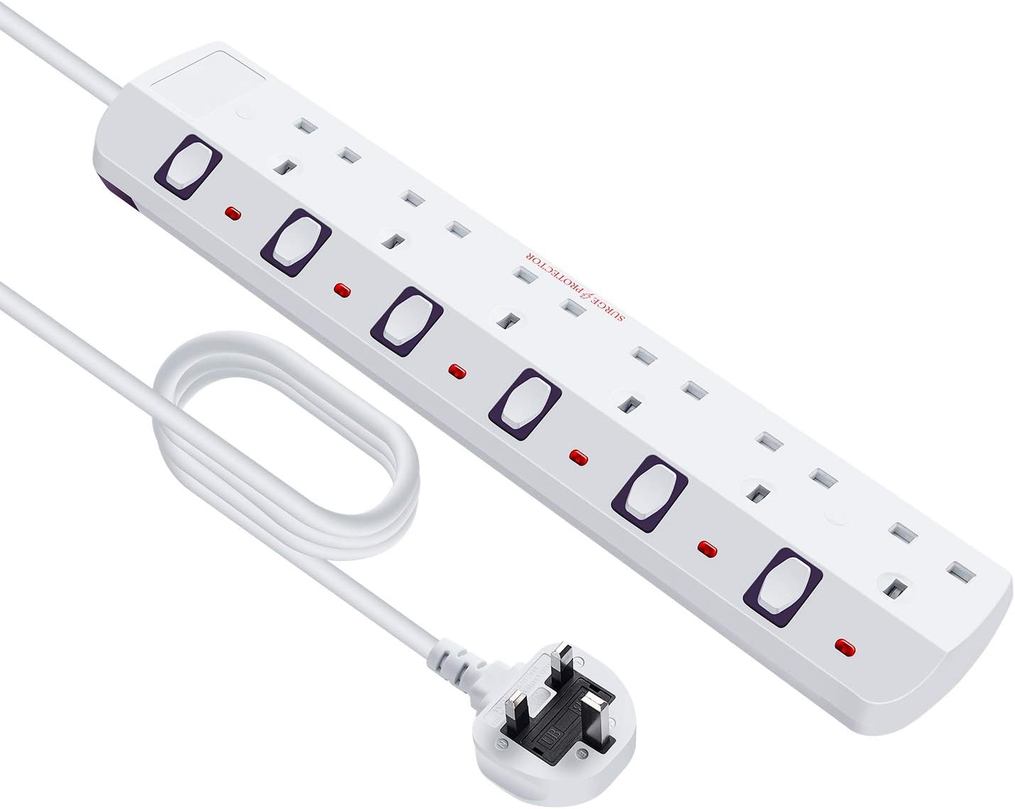 2M 6 Way Individual Switch Power Surge Protection Extension Lead, Strip-6Gang-2M (6Way-White)