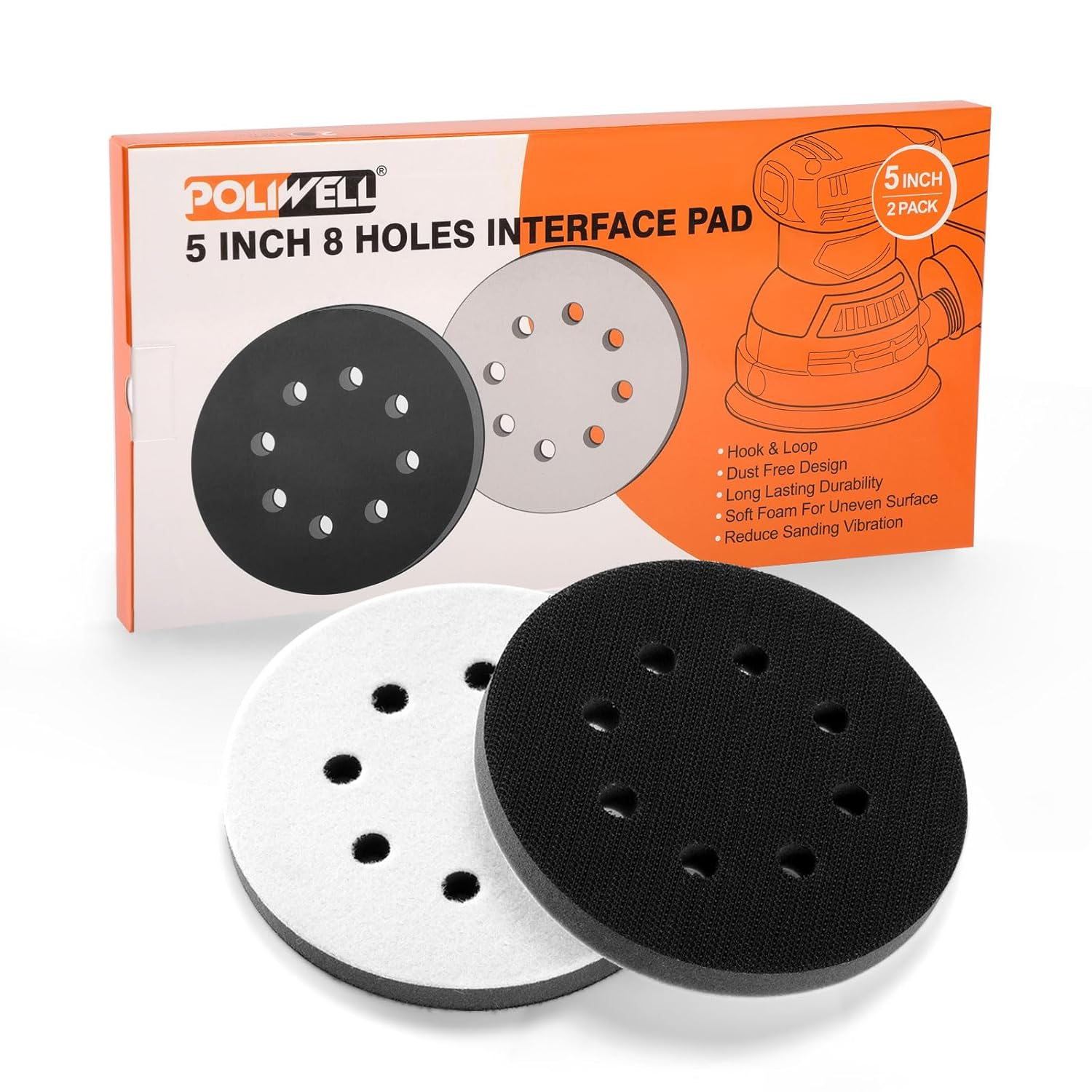 POLIWELL 5 Inch 8 Holes Interface Pad, 5” Orbital Sander Foam Pad for 5 in Orbital Sander, Hook and Loop Soft Sponge Cushion Buffing Pads Sanding Pads Backing Pads, Pack of 2