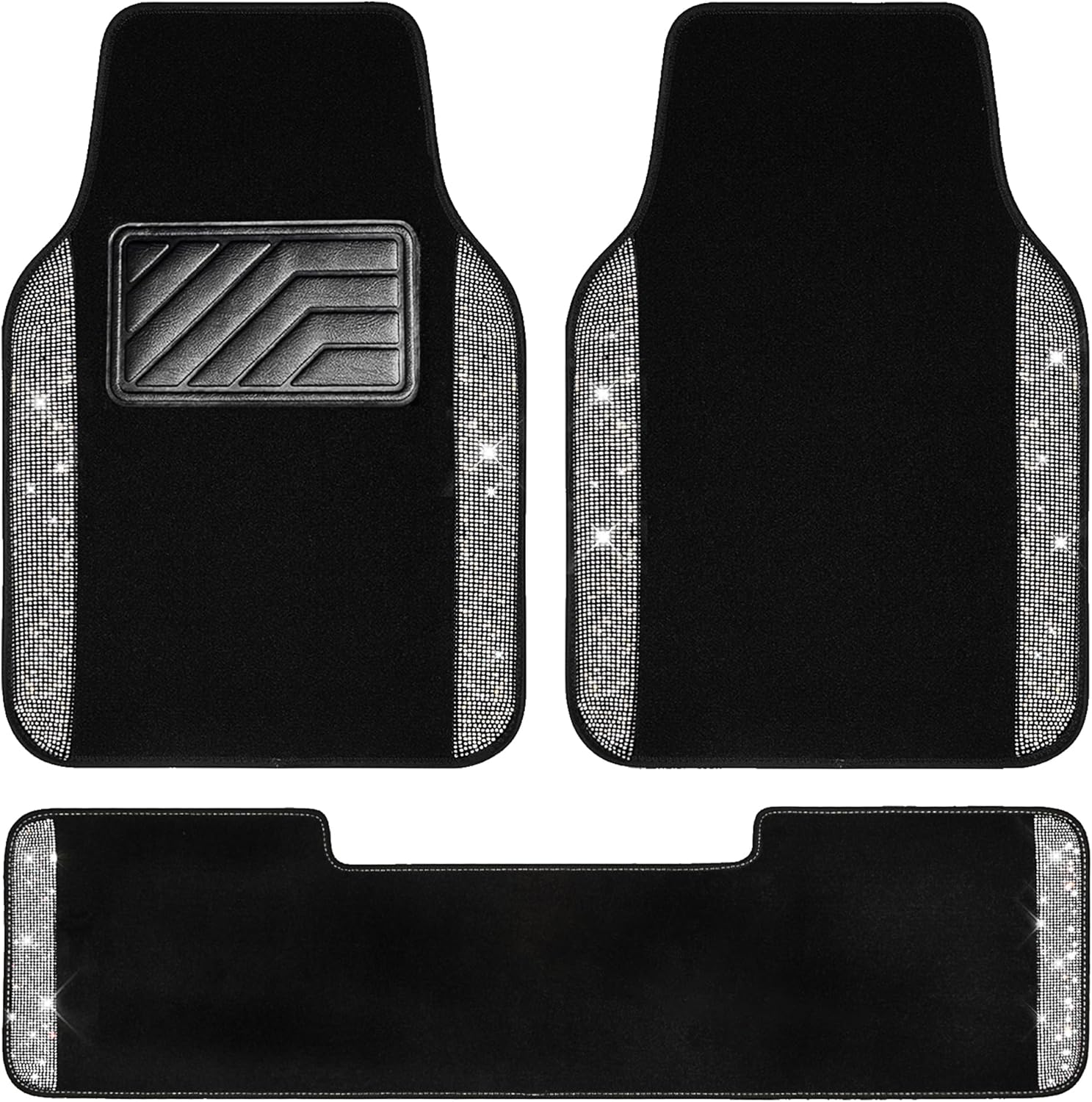 Bling Car Mats Shining Diamond Carpet Crystal Rhinestones Sparkly Glitter Floor Mats with Anti-Slip PVC Heel Pad Universal for Automotive SUV, Sedan, Van, 3Pcs for Girl Women, Black Silver