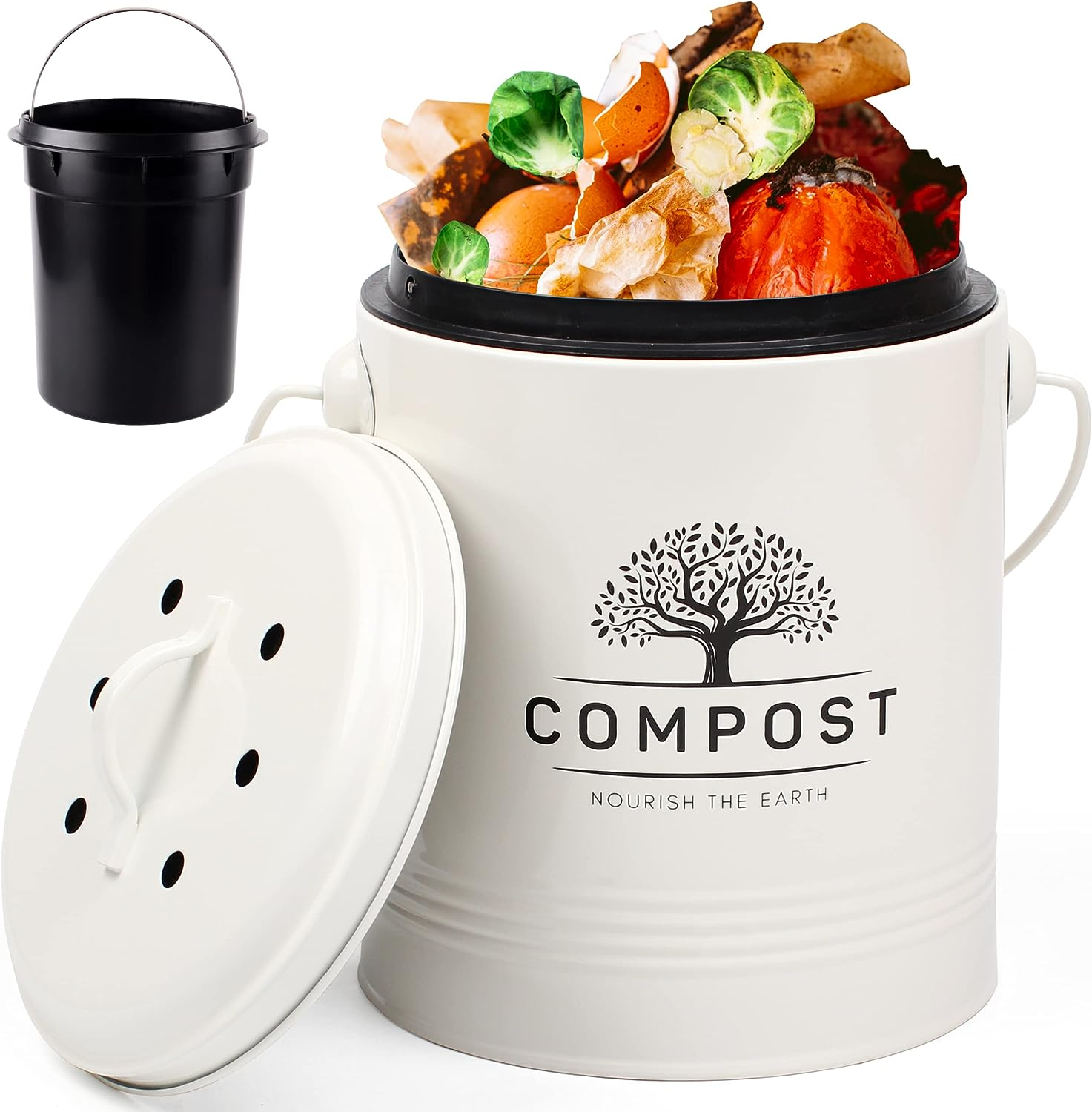 Kitchen Compost Bin, 1.3 Gallon Countertop Compost Bin with Lid, Indoor Compost Bucket Includes Inner Bucket Liner and Carbon Filter, Small Compost Bin (Without Bags, Cream)