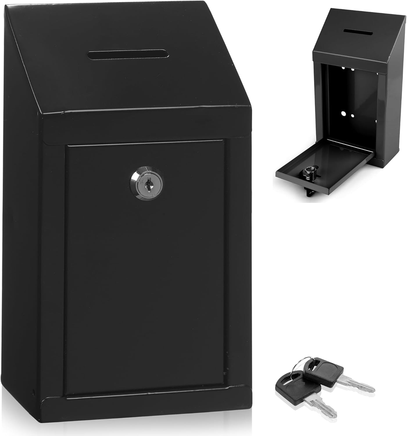 Metal Donation Box-Suggestion Box with Slot and Lock-Cash Lock Box for Money-Secure Drop Box-Comment and Ballot Voting Box-Comes with Pre-Drilled Holes for Easy Wall Mounting 10 X 6 X 2.5"(Black)