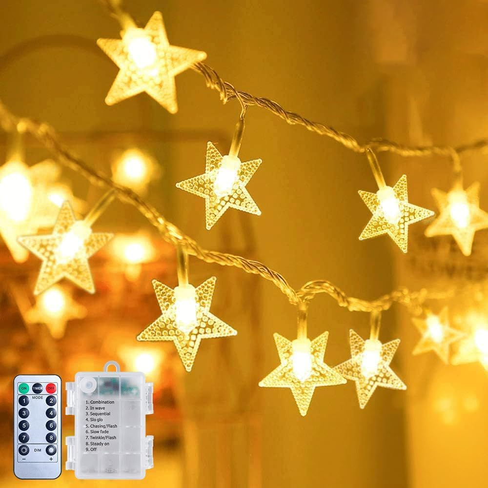 Star String Lights Battery Operated - 17 Ft 50 LED Star Fairy String Lights with Remote and Timer, 8 Modes Waterproof for Bedroom Tent Loft Bed Patio Party Wedding Decor, Warm White