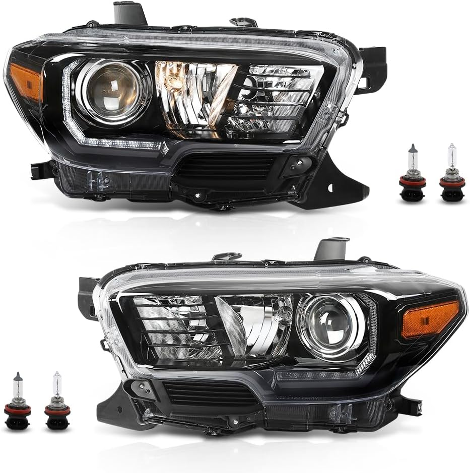 Headlights Assembly W/Led DRL Compatible with Toyota Tacoma 2016 2017 2018 2019 2020 2021 2022, Headlamps Clear Lens Black Housing Amber Reflector, TO2502244, TO2503244 Faros Delanteros