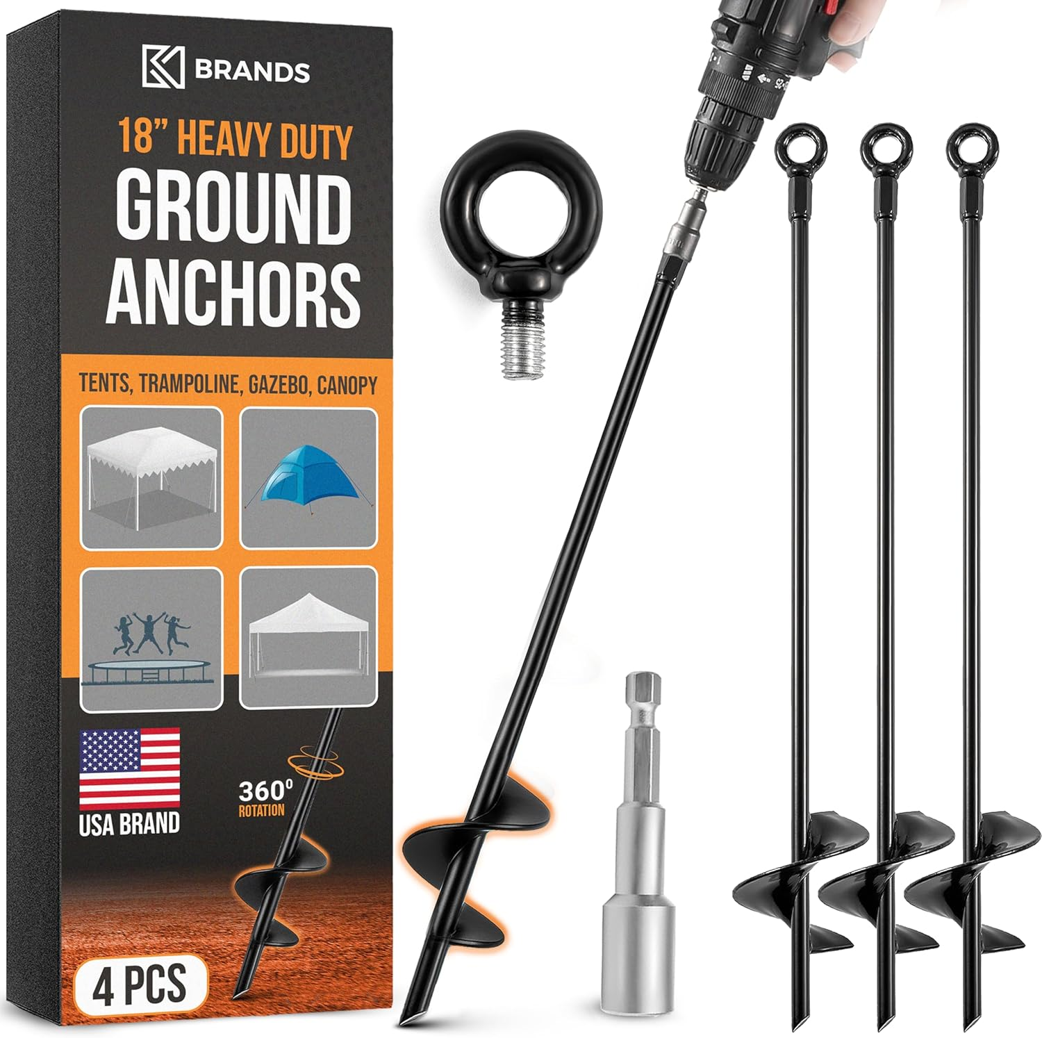18'' Ground Anchors Heavy Duty for High Winds - Earth Stakes Screw-In Shed Kit for Mobile Homes, Swing Sets, Tents, Carports, Gazebos, and Hurricane Tie-Downs Anchor