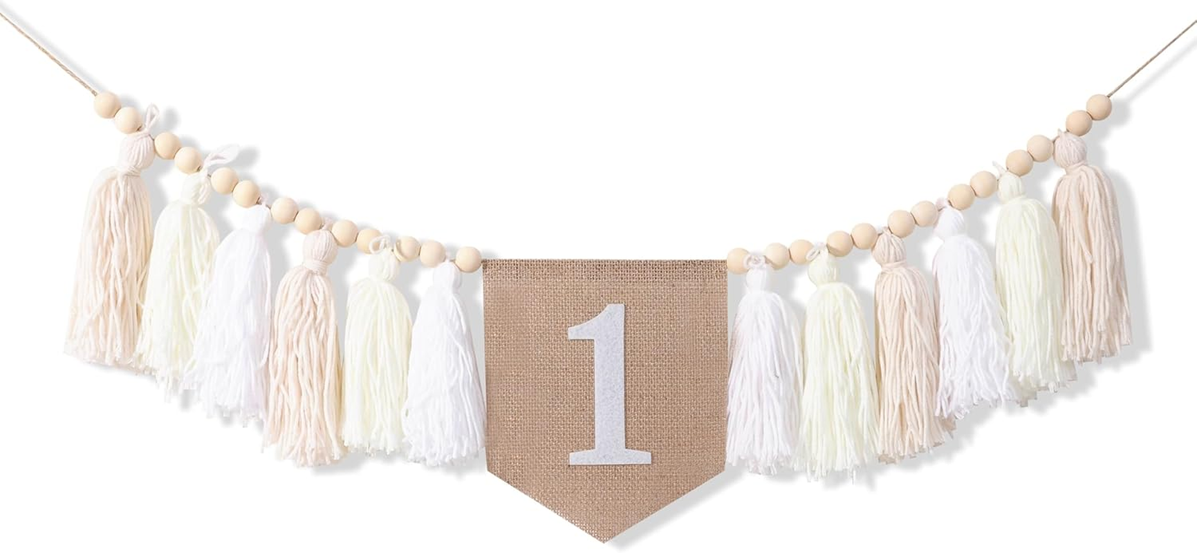 1St Birthday High Chair Banner - White Tassel Theme Banner for Girl - First Birthday Party Banner - White Fringe Wood Bead High Chair Wreath- Wall Hangings Decorative for Kids Bedroom Nursery Party Holiday Classroom Decoration (White)