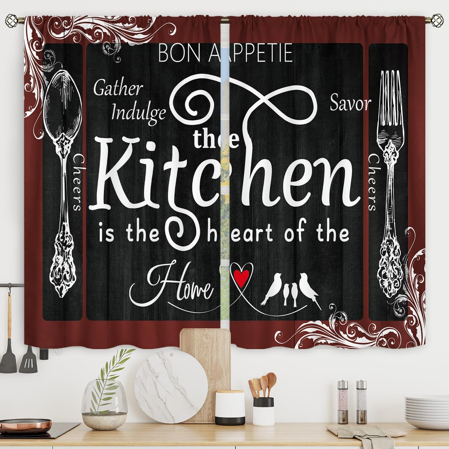 Burgundy Black Kitchen Curtains Short Small Fork and Spoon Rustic Kitchenware Retro Vintage Rod Pocket Modern Funny Quotes Bedroom Living Room Treatment Fabric 2 Panels 27.5Wx39H Inch