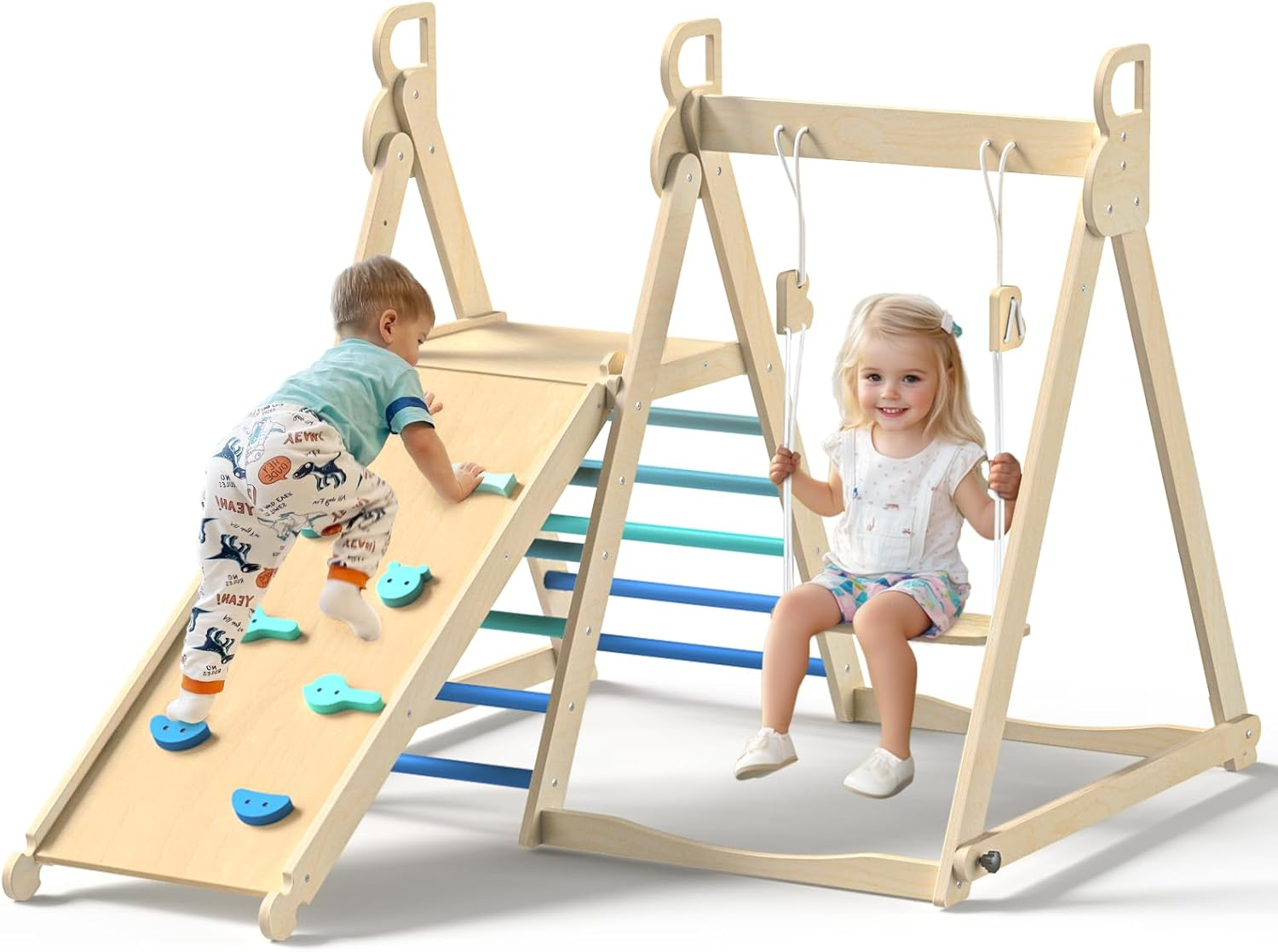 4 in 1 Indoor Jungle Gym, Foldable Wooden Climbing Set with Swing, Slide, Ladder and Climbing Wall, Montessori Philosophy Climber Playset for Kids Aged 2+ (Sky Blue)