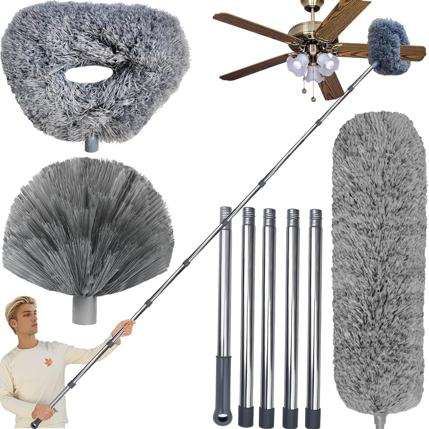3 Pack 20+ Feet High Reach Grey Microfiber Feather Duster with 3-14 Ft Spliceable Pole Cobweb Duster for Cleaning Fan, Spider Web, High Ceiling, Blinds, Furniture Cleaning Tool Kit, Gray