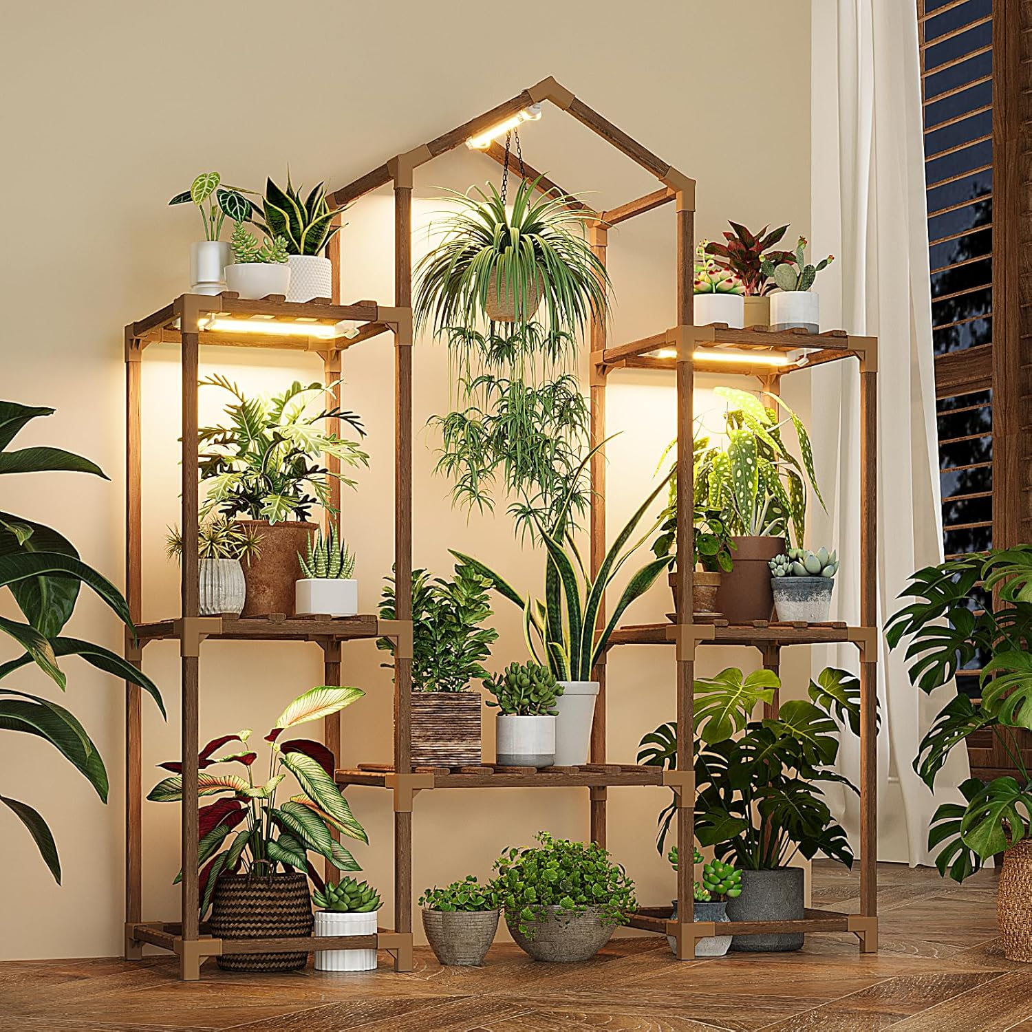 Plant Stand Indoor with Grow Lights Wood Plant Shelf for Hanging Planter Pots...