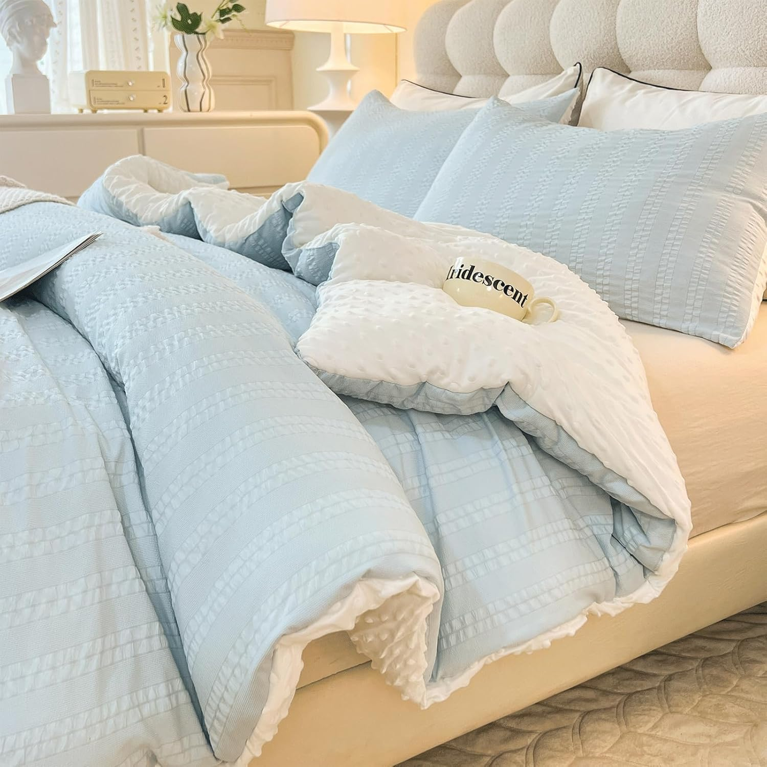 Boho Comforter Set Full Size Striped Pleats Bohemian Seersucker Bedding Set All Season Soft Cozy 3 Pieces Quilt with 2 Pillowcases(80