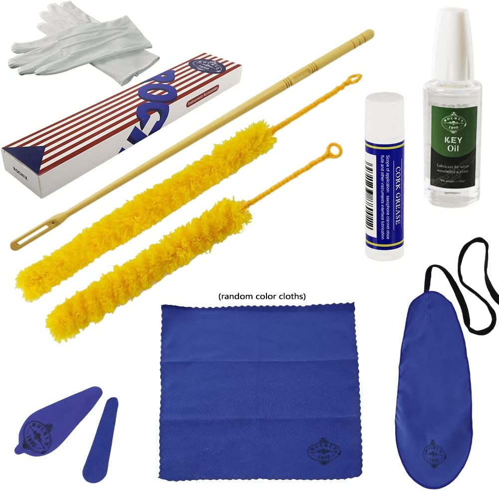 Flute Cleaner Care Cleaning Kit,Maintenance Kit,Key Oil,Cork Grease,Swab,Cleaning Cloth,Cleaning Brush,Cleaning Rod(Random Color Cloths)