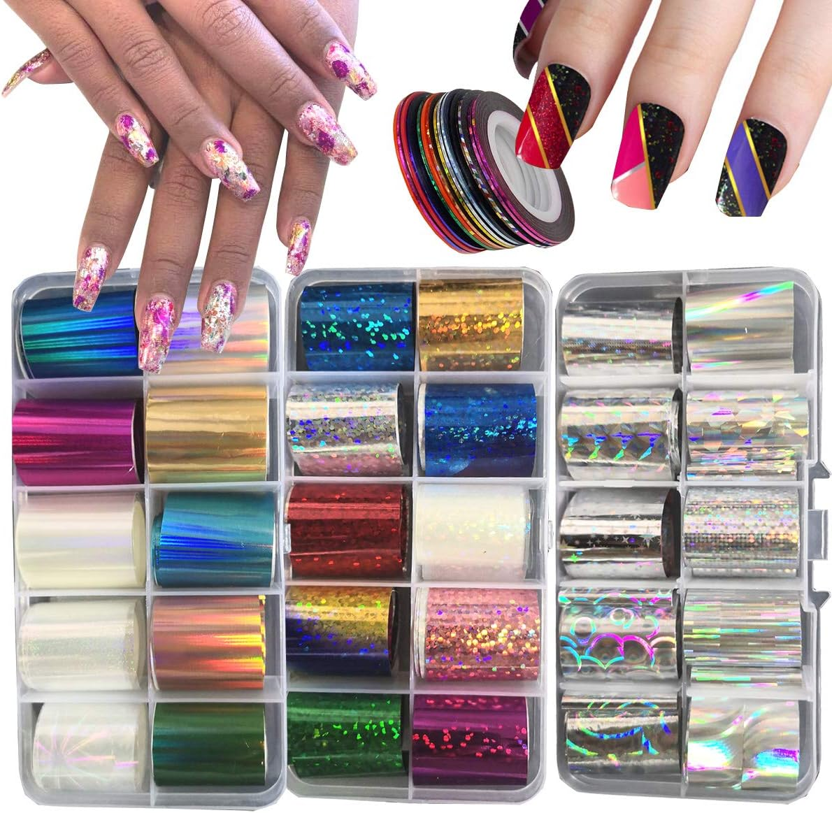 30 Roll Holographic Transfer Nail Foil Sticker Silver Laser Nail Decals 10 Roll Nails Strip Tape for Nails Art Design Decoration