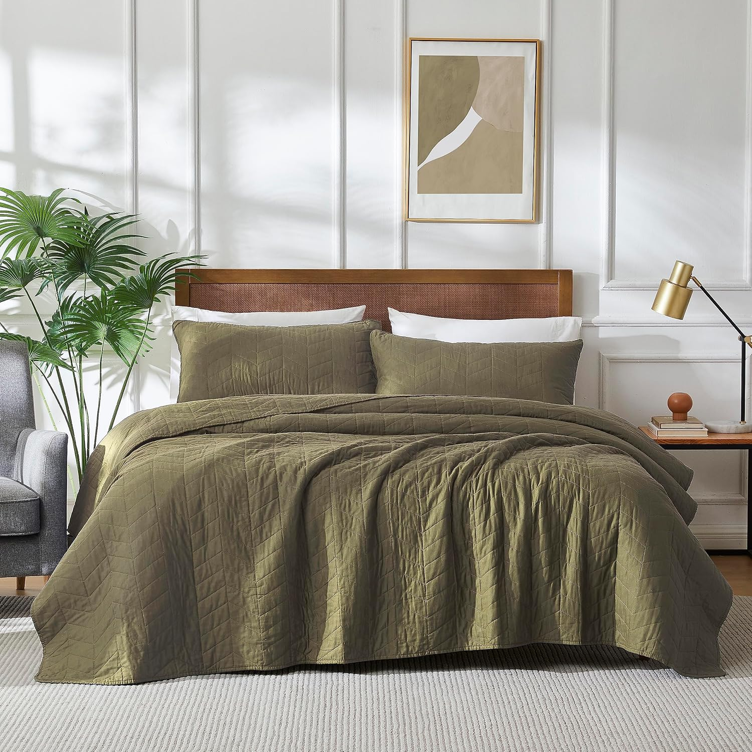 Green 100% Cotton Quilt Queen Size Bedding Sets with Pillow Shams, Olive Lightweight Soft Bedspread Coverlet, Sage Quilted Comforter Bed Cover for All Season, 3 Pieces, 90X96 Inches