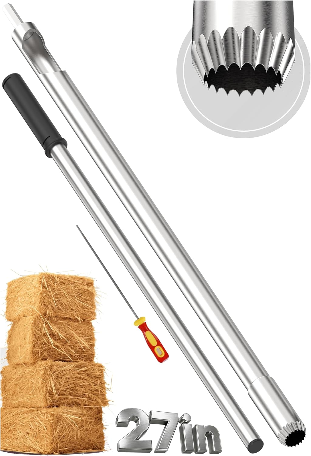 Premium Hay Probe Bale Sampler for Drill 27 Inch with Serrated Tip Comes with Dowel and Metal File for Resharpening - Durable Stainless Steel (V2.1)
