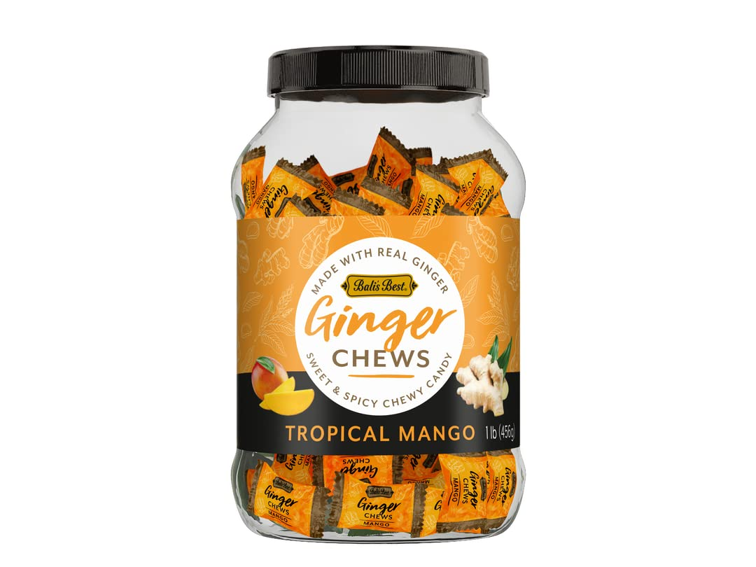 Ginger Chews, Tropical Mango Flavor, 1 Pound Jar, Individually Wrapped Soft Candy, Made with 100% Real Ginger, Digestive Health Support, Upset Stomach Relief, Halal