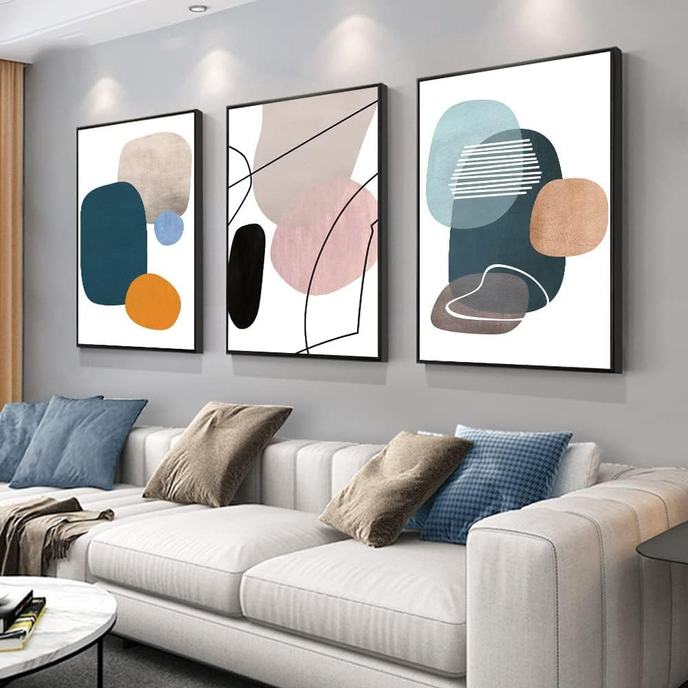 Wall Art 3 Pieces of Framed Decorative Paintings Abstract Simple Orange White Blue and Other Color Blocks Wall Art Canvas Prints Wall Decor Gifts Size 16