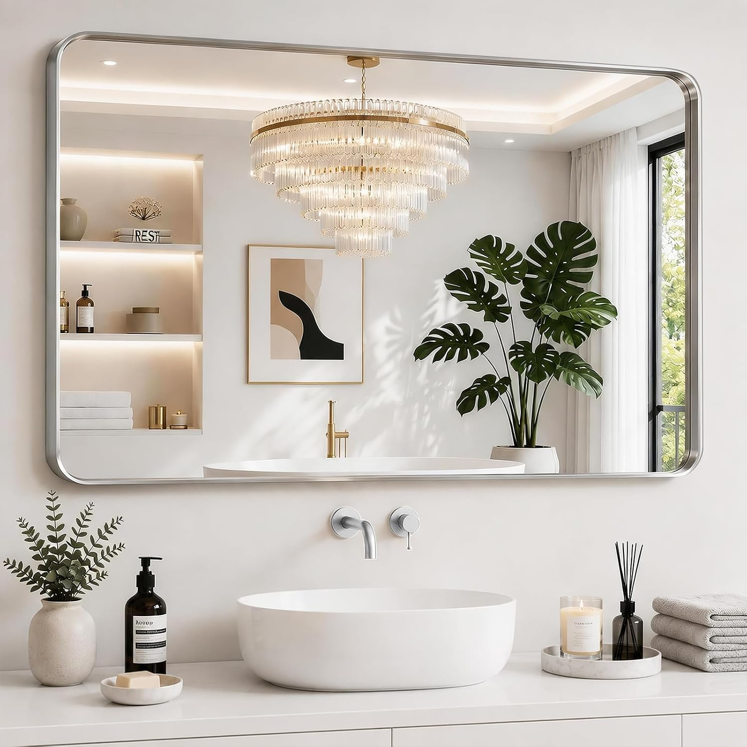 Bathroom Mirrors for over Sink,1Pcs 30X36Inch Vanity Mirrors for Wall,Silver Metal Frame Rectangle Mirrors for Bathroom Farmhouse Restroom,Hangs Horizontally or Vertically