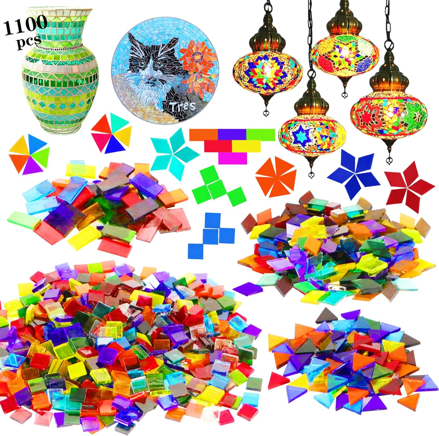 1100 Pcs Mosaic Tiles, Glass Mosaic Tiles for Crafts Bulk, Stained Mosaic Glass Pieces, Mosaic Supplies for Home Decoration, Art Crafts, DIY Projects, Transparent (Mixed Shape)