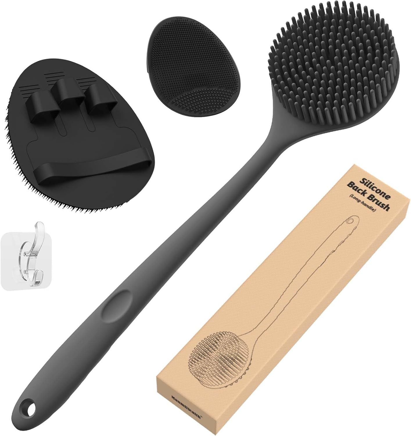 Manmihealth Silicone Back Scrubber (Thick Bristles) & Bath Glove & Face Brush Set(3Pcs), Super-Exfoliating & Lathering Body Scrubber, Shower Brush, Face Scrubber Combination, with a Free Hook.(Black)