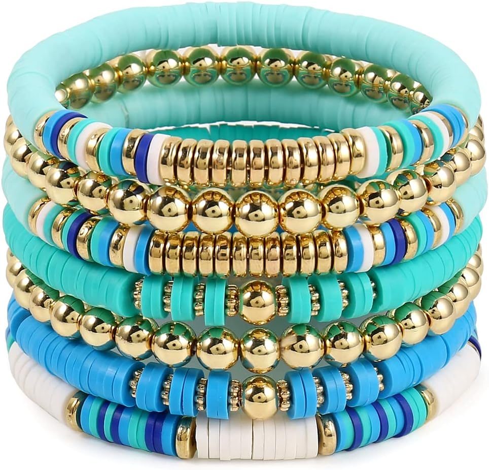 Heishi Beaded Bracelets For Women Polymer Clay Colorful Surfer Stackable Beads Boho Bracelet Summer Beach Jewelry
