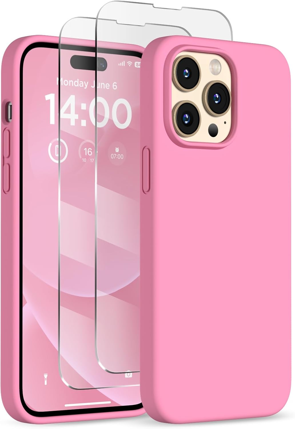 Designed for iPhone 14 Pro Max Case, Liquid Silicone Case [2X Screen Protectors], Shockproof Slim Thin Protective Phone Case with Soft Anti-Scratch Microfiber Lining, 6.7 inch, Tender Pink