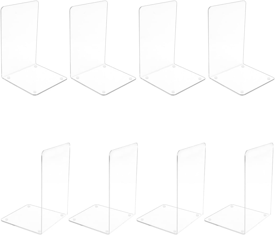8 PCS Acrylic Book Ends, Bookends for Shelves with Non-Slip Silicone Mats, Clear Book Holder, Decorative Bookshelf Organizer, Bookend for Heavy Books for Tabletop Library Office School Stationery Gift