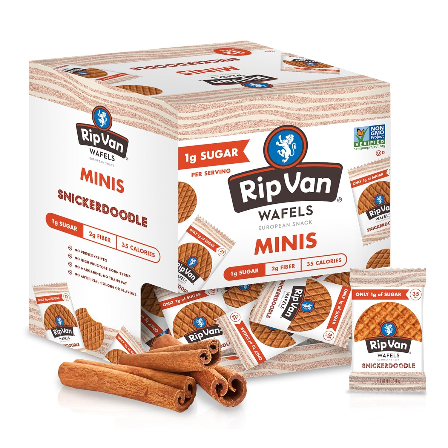 Rip Van Wafels Snickerdoodle Mini Stroopwafels - Low Carb Snacks (3G Net Carbs) - Non GMO Snack - Keto Friendly - Office Snacks - Low Calorie Snack (37 Calories) - Low Sugar (1G) - 32 Pack