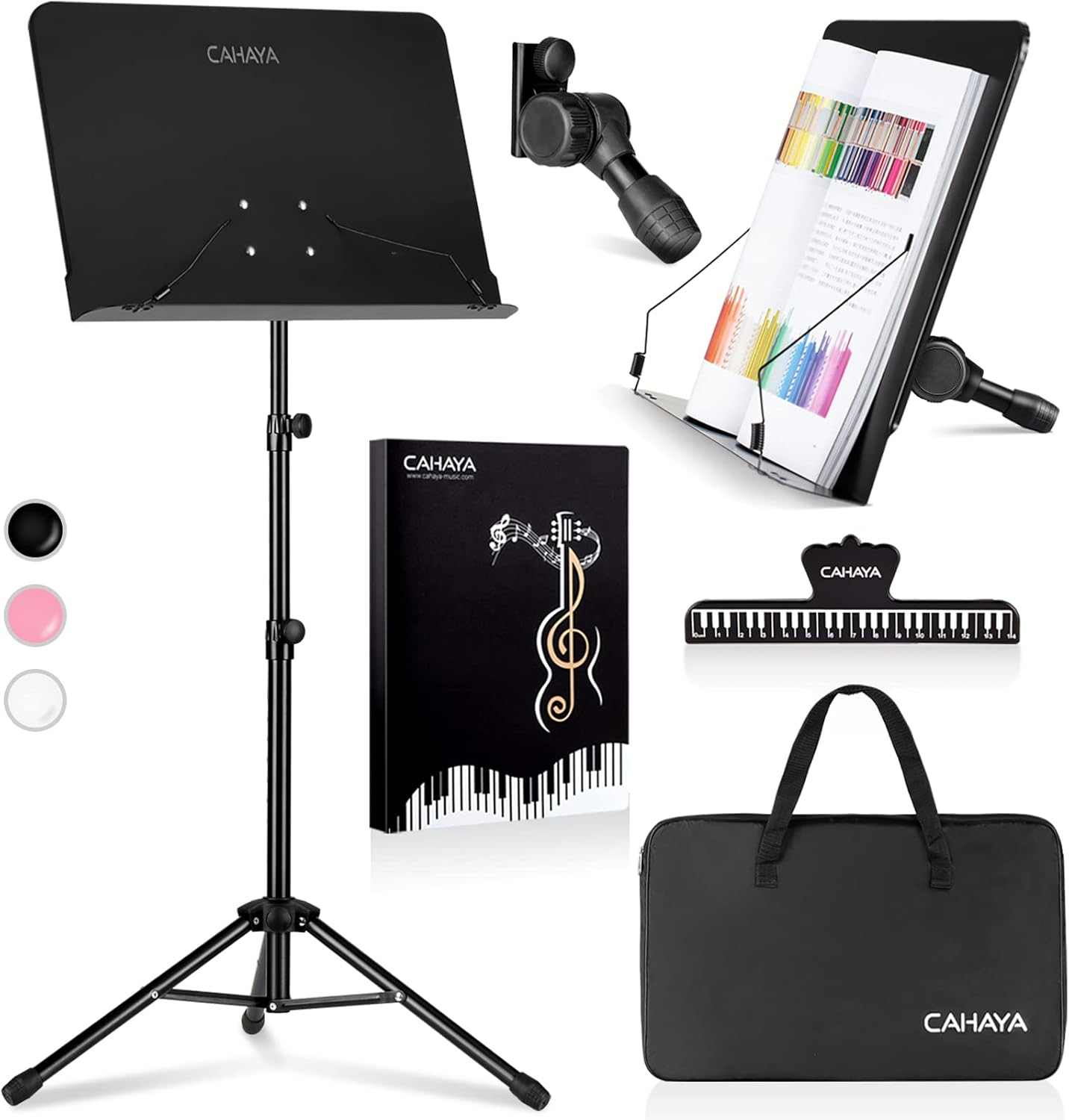 5 in 1 Dual-use Sheet Music Stand & Desktop Book Stand Metal Portable Solid Back with Book Stand Support, Carrying Bag, Sheet Music Folder & Clip, Laptop Bible Book Tablet Stand CY0194