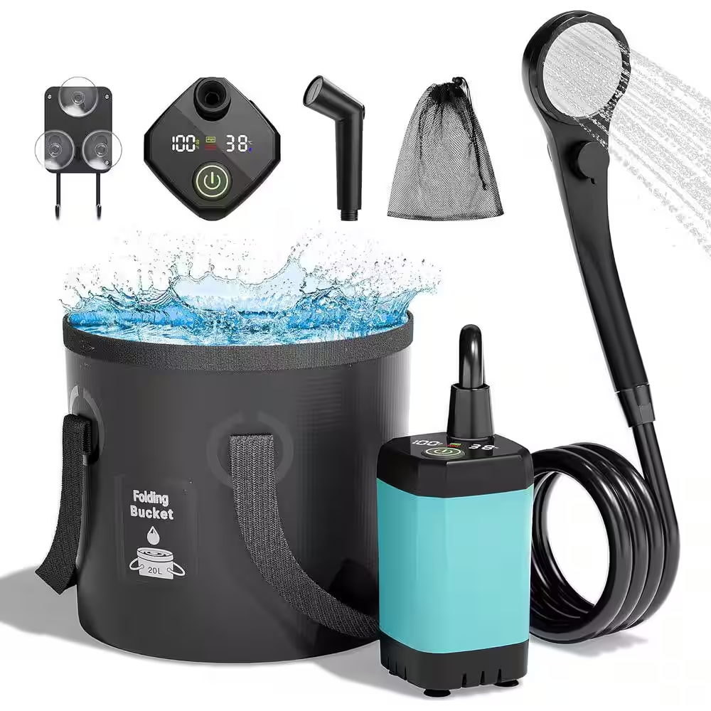 Portable Outdoor Camp Shower with 6000Mah Rechargeable Shower Pump, Filtered Shower Head, 5 Gal. and LED Display in Blue