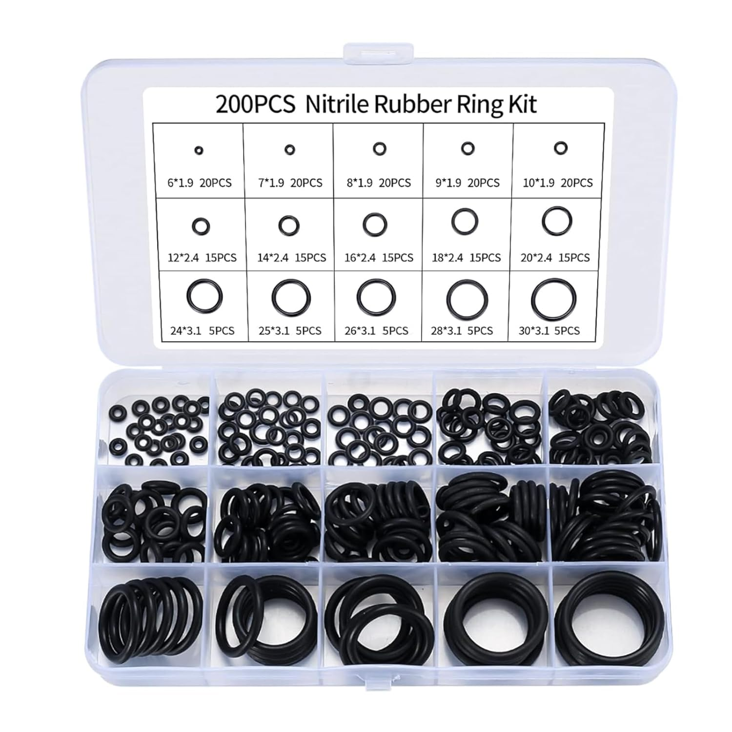 200 Pcs O Ring Assortment Kit, Ubber Washer Orings,Black 15 Sizes Pressure Washer O Ring Kit for Faucet, Hose, Automotive, Air Gas Plumbing Sealing Repair O Rings