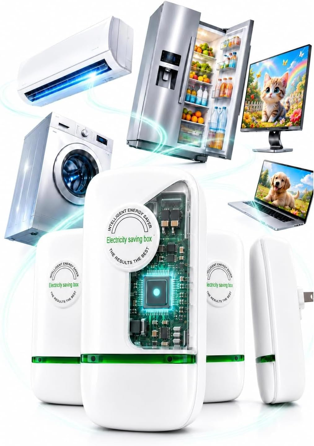 Electricity Saving Box for Home & Office, Compact Plug and Play Electrical Device, 4 Pack for Household Appliances