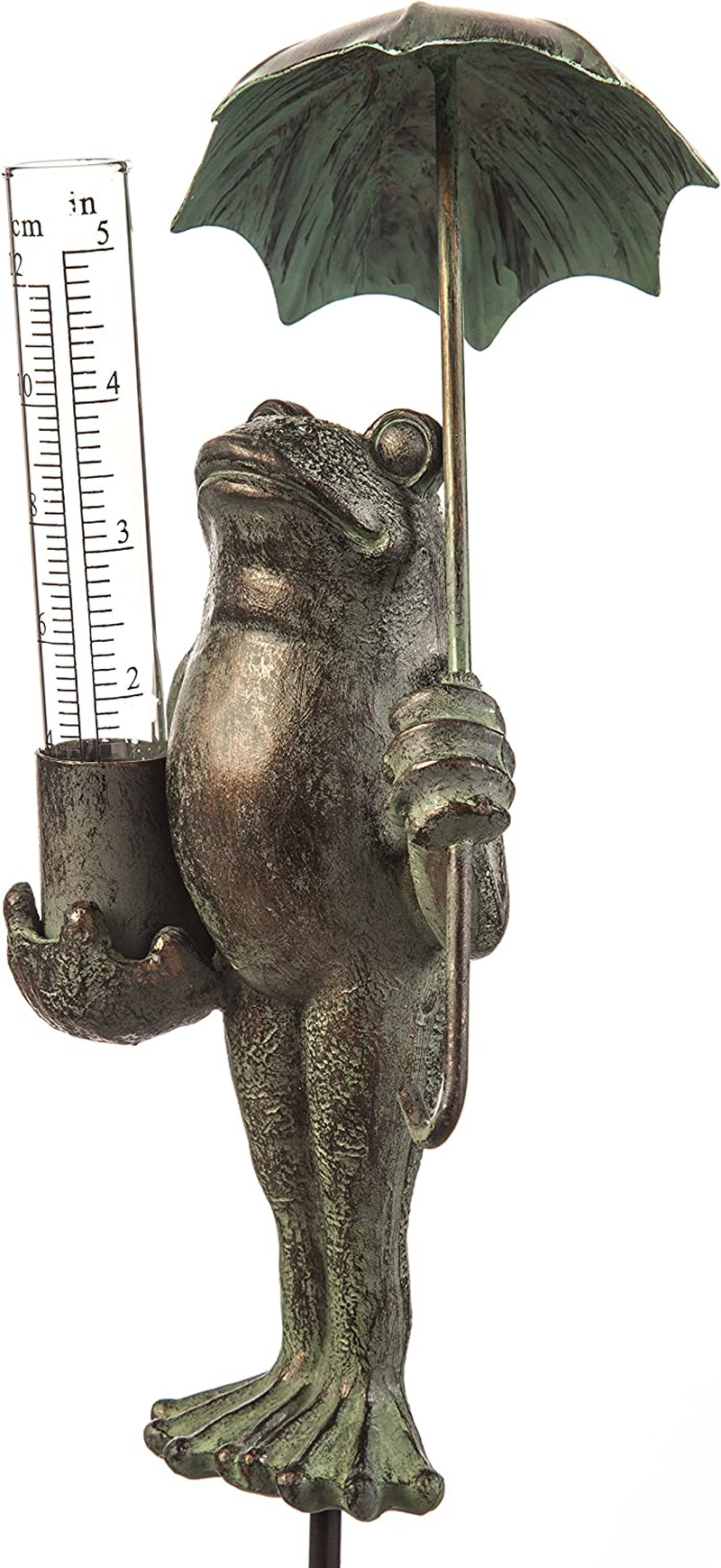 Metal Frog Statue with Umbrella Glass Rain Gauge Weather Station | Green | Garden Decor Outdoor | 18 Inches Tall | 5