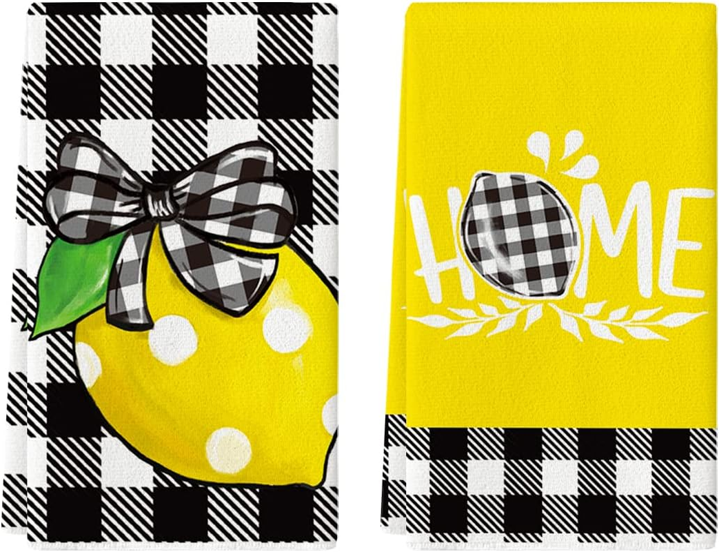 Buffalo Plaid Bow Tie Lemon Home Summer Kitchen Towels Dish Towels, 18X26 Inch Seasonal Spring Decoration Hand Towels Set of 2