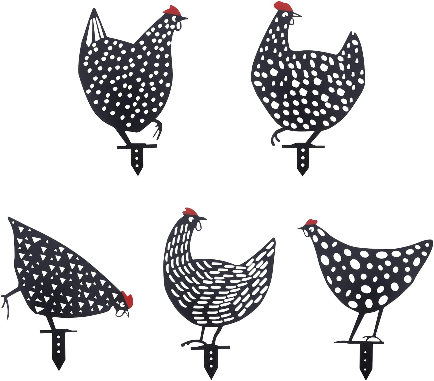 5 PCS 13 Inch Metal Chicken Yard Art Garden Decorative Stake Hollow Out Rooster Animals Silhouette Statue Decor, Pathway, Floor, Garden, Lawn, Outdoor Decoration