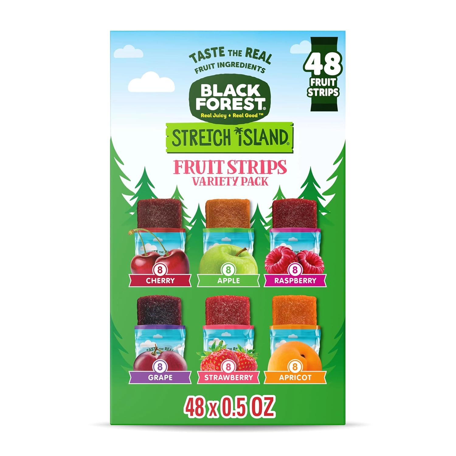 Black Forest, Stretch Island, Fruit Strips, Cherry, Apple, Raspberry, Grape, Strawberry, and Apricot, Zero Grams Added Sugar Non-Gmo, 48 Ct