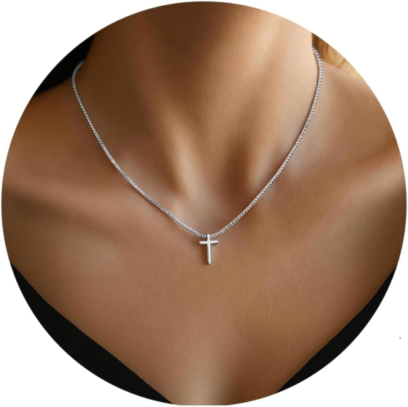 Gold Necklace for Women,Valentines Day Gifts, Cross Necklace Dainty 18K Real Gold Silver Plated, Cute Simple Small Trendy Choker Pendant Jewelry Non Tarnish Gold Necklace Faith Jewelry Gift