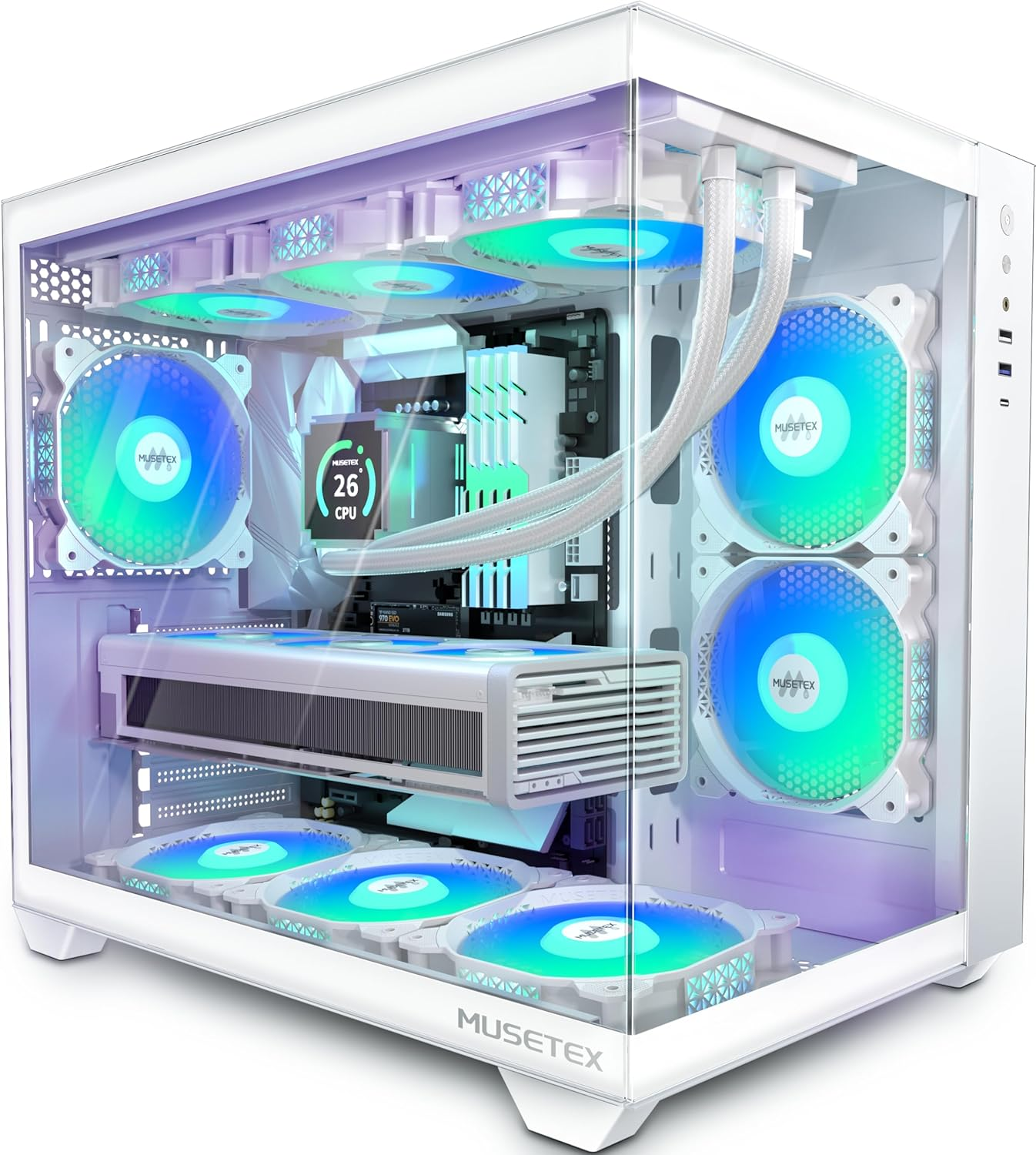 ATX PC Case, 6 PWM ARGB Fans Pre-Installed, 360MM RAD Support, Type-C Gaming PC Case, 270° Full View Tempered Glass Mid Tower, Pure White ATX Computer Case,Y6